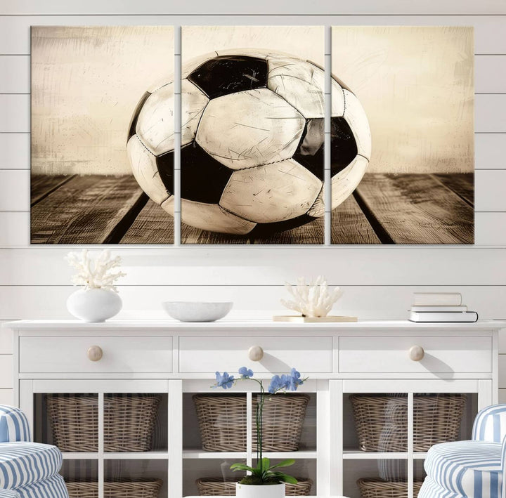 Vintage Soccer Ball Triptych Canvas Art – 3-Panel Soccer Wall Decor, Framed and Ready to Hang Sports Art for Home, Office, or Gym