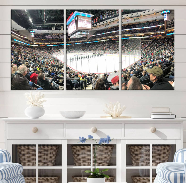 The Xcel Energy Center St Paul Minnesota Wild Ice Hockey Stadium Wall Art Canvas Print captures a packed hockey arena with spectators watching players on the ice. It is elegantly preserved on museum-quality canvas with vibrant details protected by a UV-protective coating.