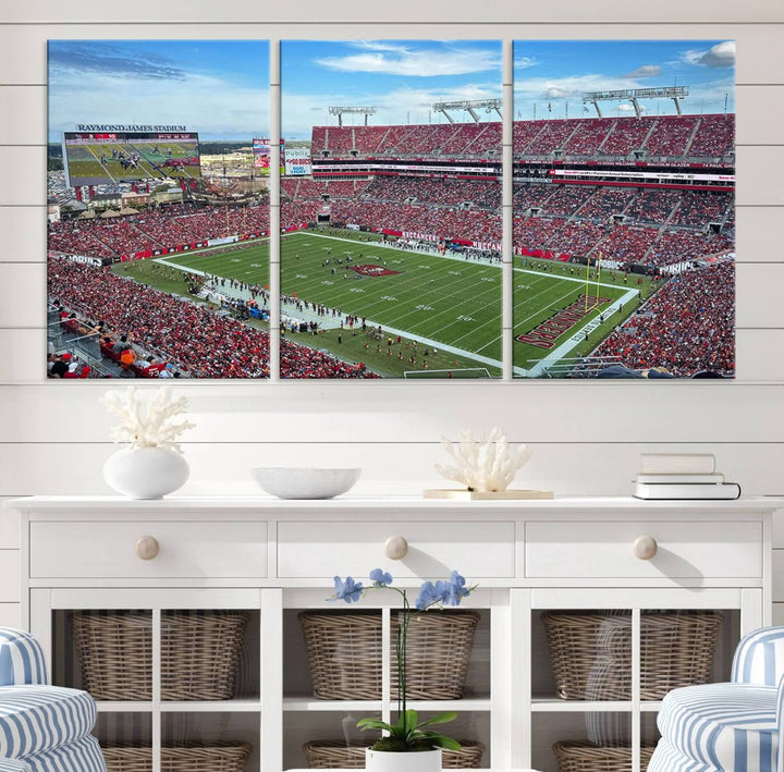 The Florida Tampa Raymond James Stadium Wall Art Canvas Print is featured above the cabinet.