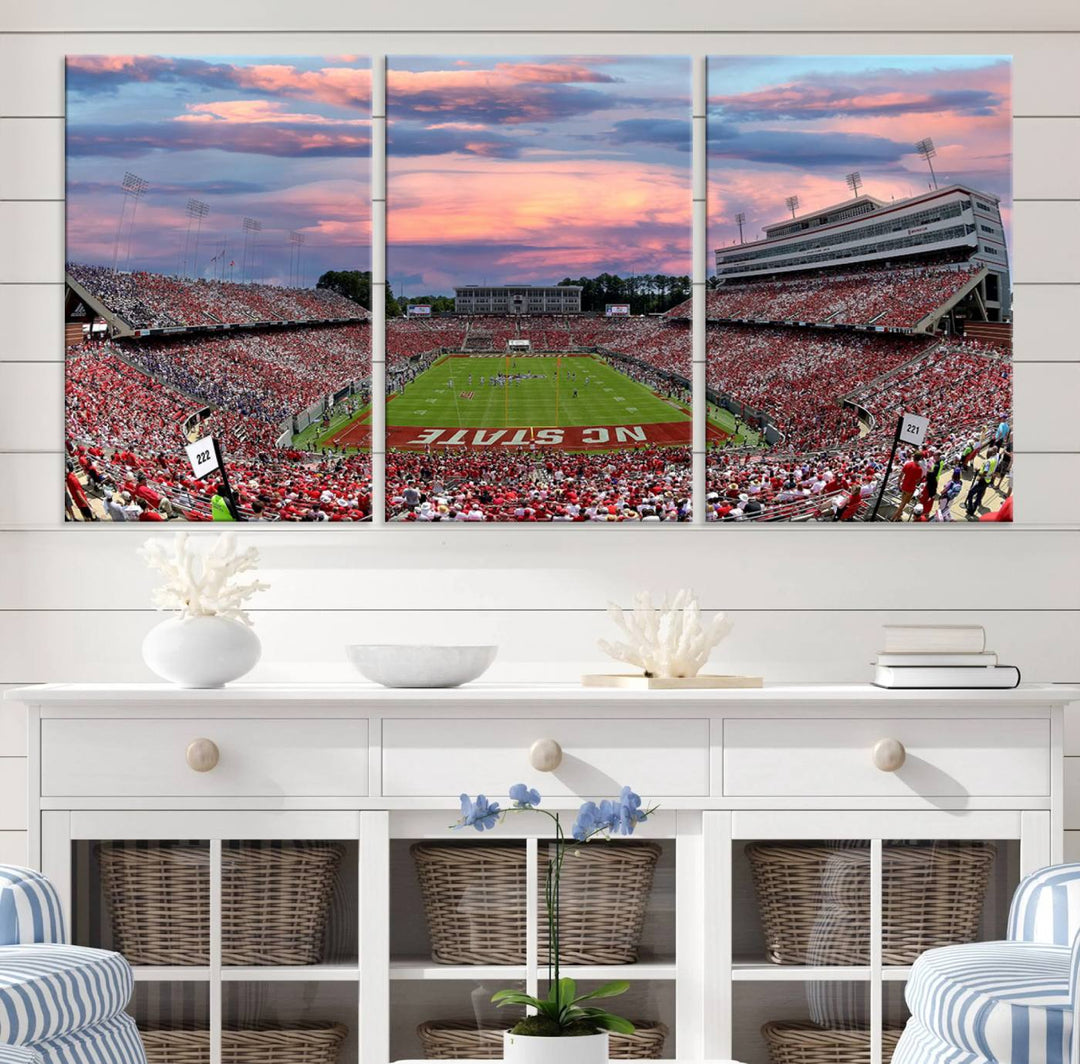 Carter-Finley Stadium Sunset Game Triple Canvas Wall Art - NC State Wolfpack Football Match