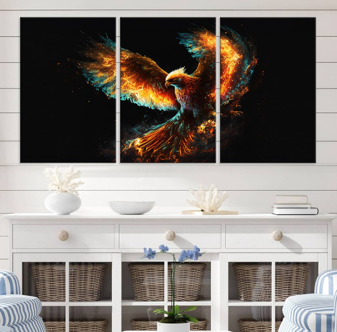 Fiery Phoenix Canvas Print | Ready to Hang Wall Art | Bold Fantasy Decor for Living Room | Majestic Bird Artwork