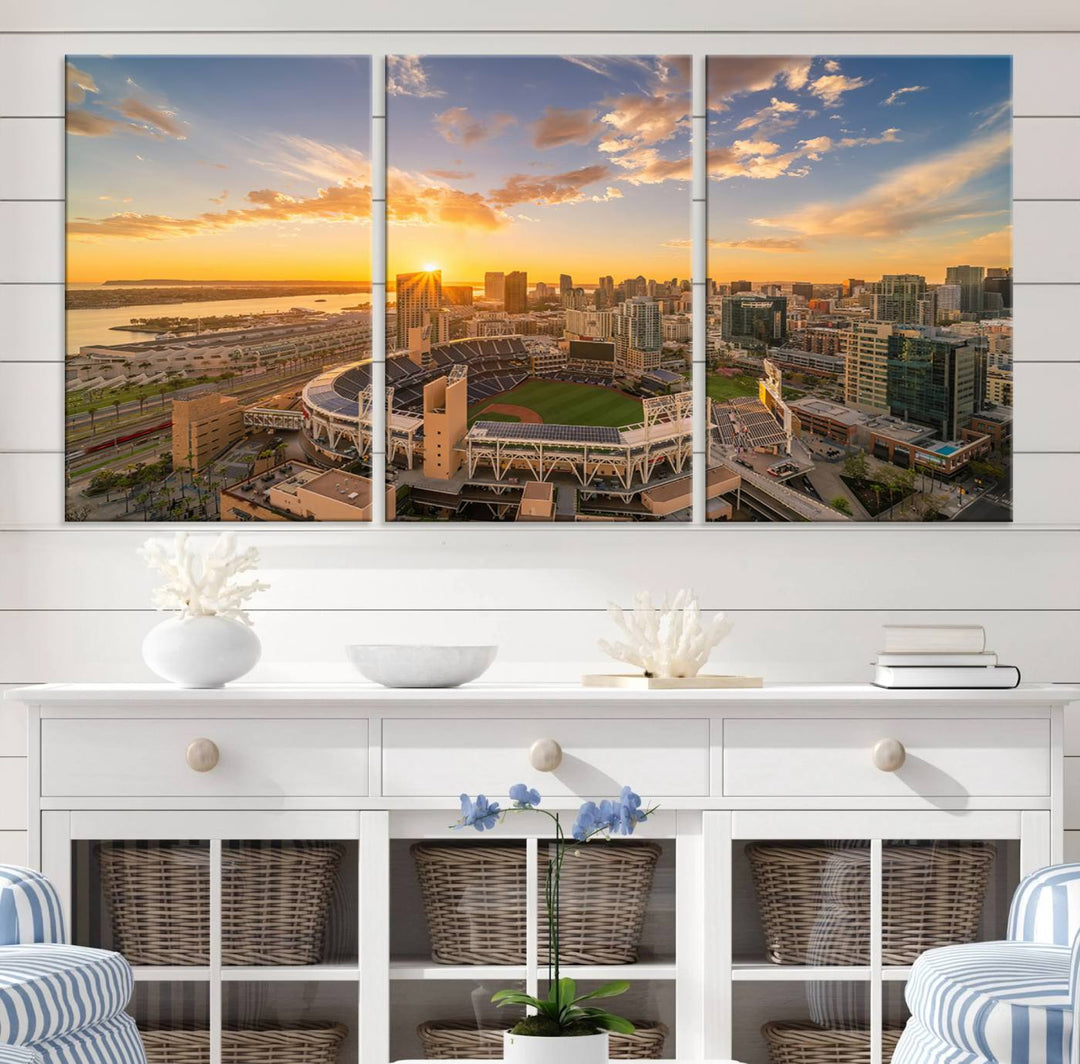 Petco Park Sunset Triple Canvas Wall Art - San Diego Cityscape and MLB Game - Home of the San Diego Padres