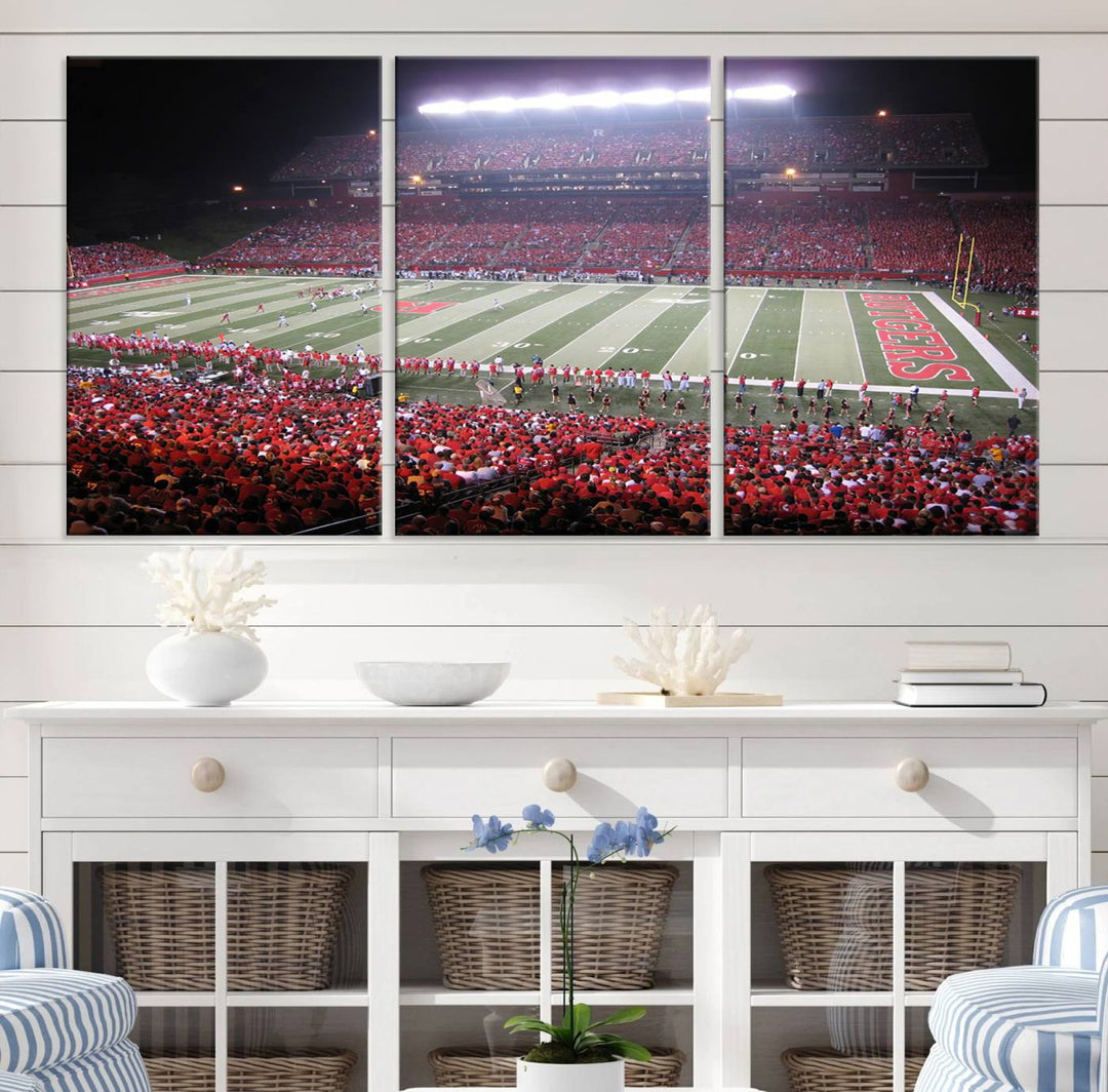 A bustling night game at SHI Stadium is captured as Rutgers Scarlet Knights wall art on a gallery-quality canvas print.