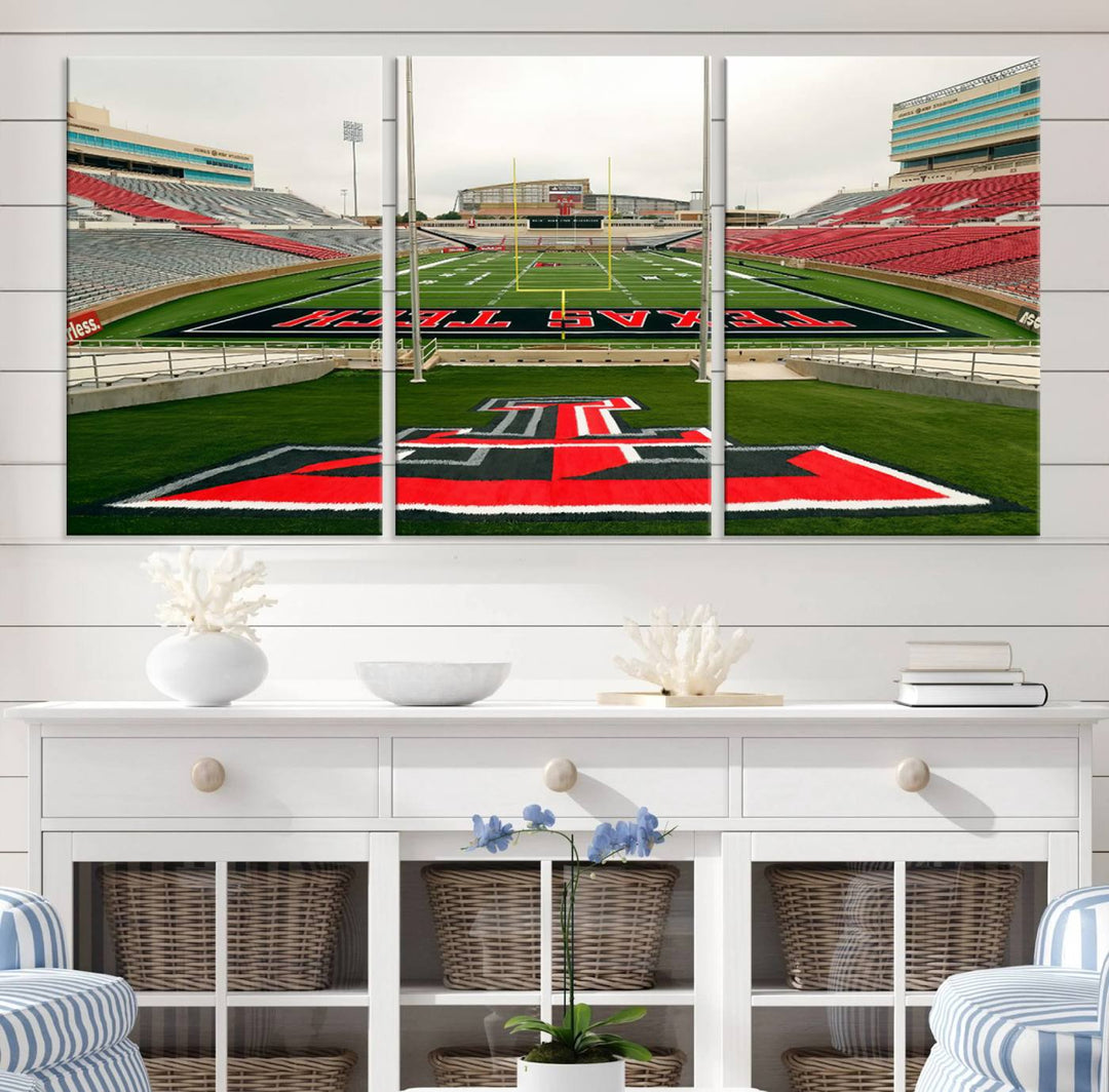 Gallery-quality print of Lubbock Jones AT&T Stadium featuring the Texas Tech Red Raiders field, highlighted by red and gray bleachers.