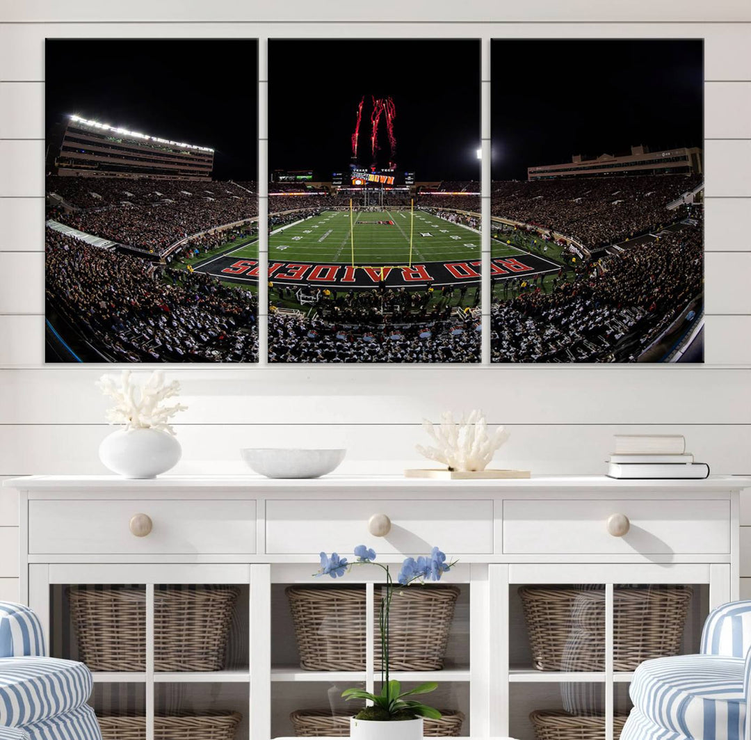 The wall features a Texas Tech Red Raiders Football Team Print on canvas, showcasing fireworks over a packed stadium at night.