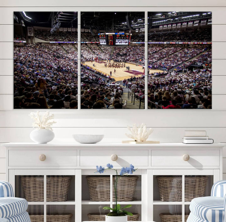 The Nebraska Basketball Arena Wall Art Canvas features an arena filled with Cornhuskers fans and players beneath a scoreboard.