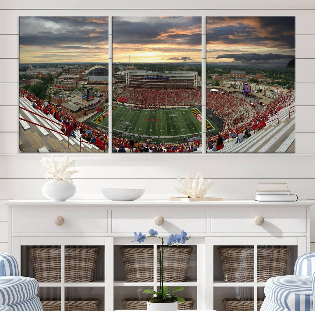 The University of Maryland Terrapins Football Team Print features SECU Stadium at sunset with vibrant skies.