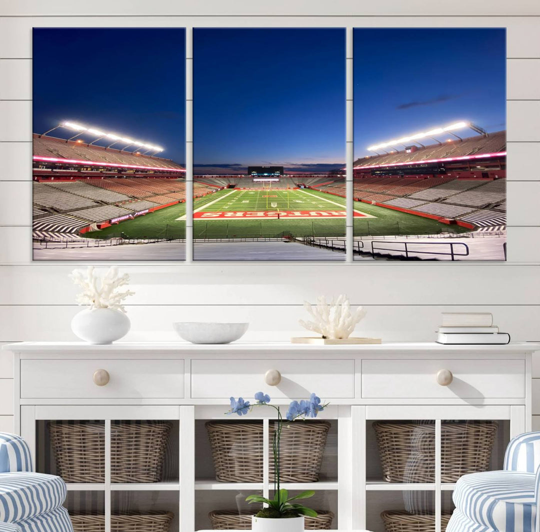 A large SHI Stadium at dusk, ideal for a Rutgers Scarlet Knights Football Team canvas print.