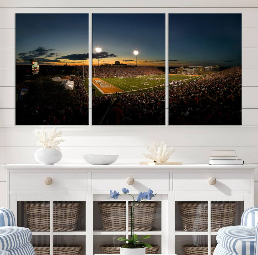 Ball State Cardinals Football Team Print - Muncie Scheumann Stadium Canvas featuring a sunset, floodlights, and lively crowd.