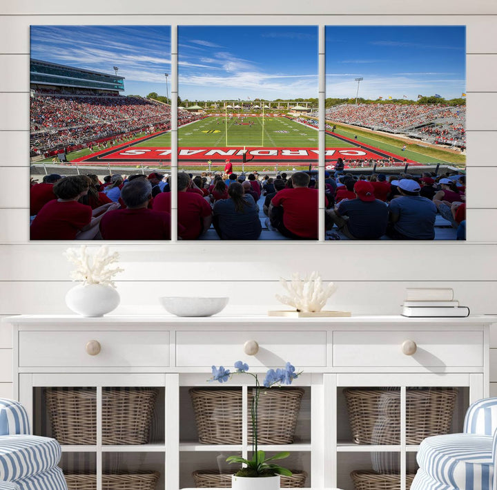 The Ball State Cardinals wall art on canvas depicts fans in red at Scheumann Stadium.