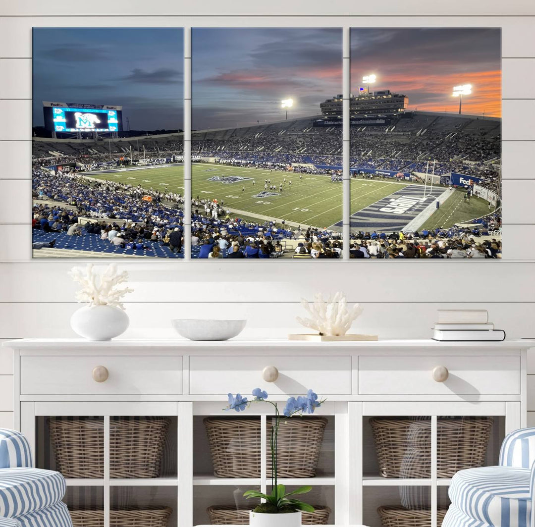 A Memphis Tigers football canvas print of Simmons Bank Liberty Stadium at sunset enhances the living room.