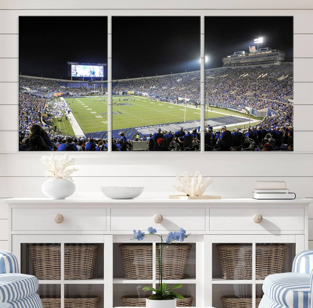 A vibrant depiction of Liberty Stadium at night, highlighting a Tigers football game on the large screen with stands filled with enthusiastic fans.