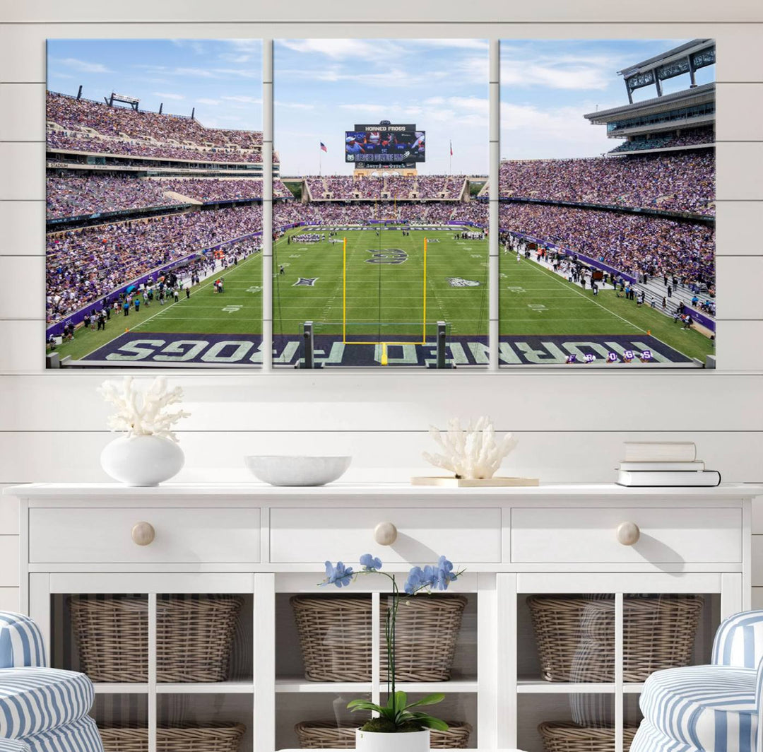 The TCU Horned Frogs print portrays a vibrant Amon G. Carter Stadium, filled with energy and game action.