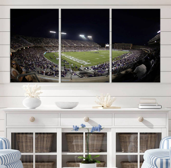 The wall art print features a night view of Amon G. Carter Stadium filled with TCU fans, showcased in the Horned Frogs Football Canvas Wall Art.