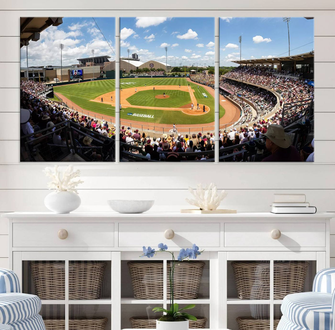 A baseball stadium under a blue sky, capturing the energy of The Texas A&M Aggies Athletics Kyle Field Wall Art.