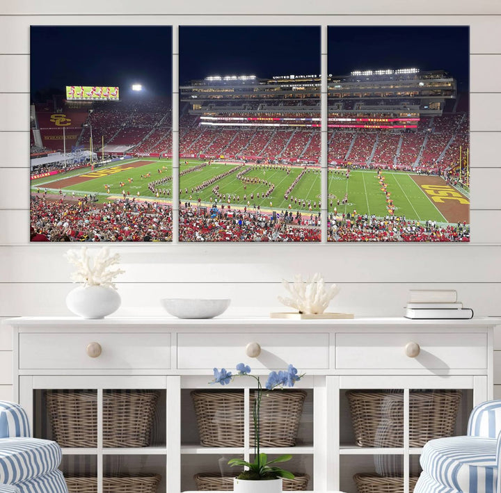 Canvas print depicting a packed stadium at night with a marching band forming USC, celebrating the Trojans at Los Angeles Memorial Coliseum.