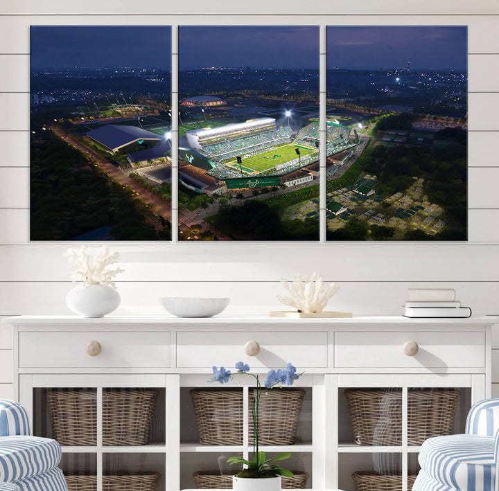 The USF Bulls Football Team Wall Art Canvas Print showcases the Tampa USF Football Stadium at night with city lights.