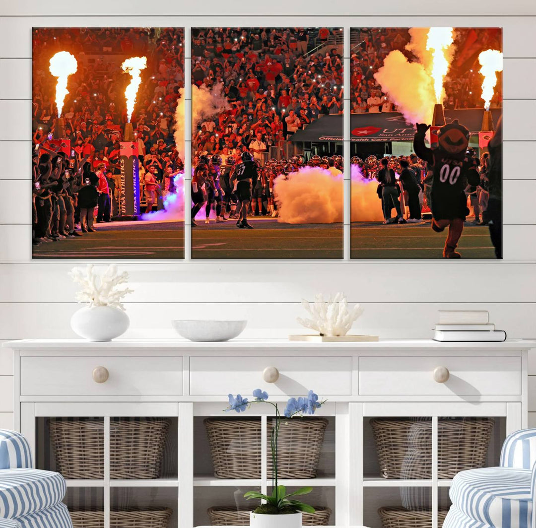 This canvas print captures the UTSA Roadrunners storming the Alamodome under smoke and fire.