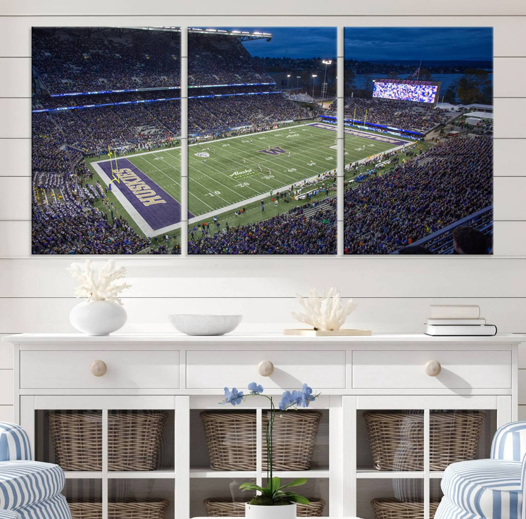 The University of Washington Huskies Football Team Print: Seattle Husky Stadium Wall Art Canvas captures a dusk stadium view.