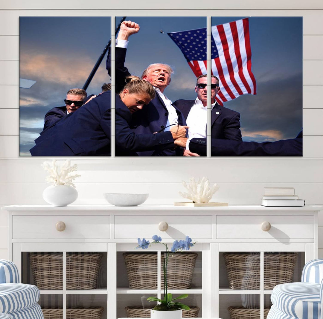 The "Donald Trump Assassination Attempt Wall Art Print" showcases historic footage of an iconic reaction by Trump, vividly brought to life on museum-quality canvas. This unique piece highlights high-resolution printing at its finest.