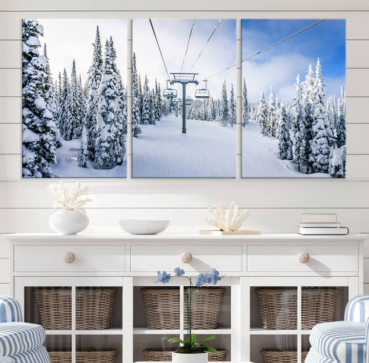 Winter Ski Lift Landscape Wall Art | Snowy Mountain Adventure | Framed and Ready to Hang | Perfect for Cabin Wall Art, Farmhouse Decor