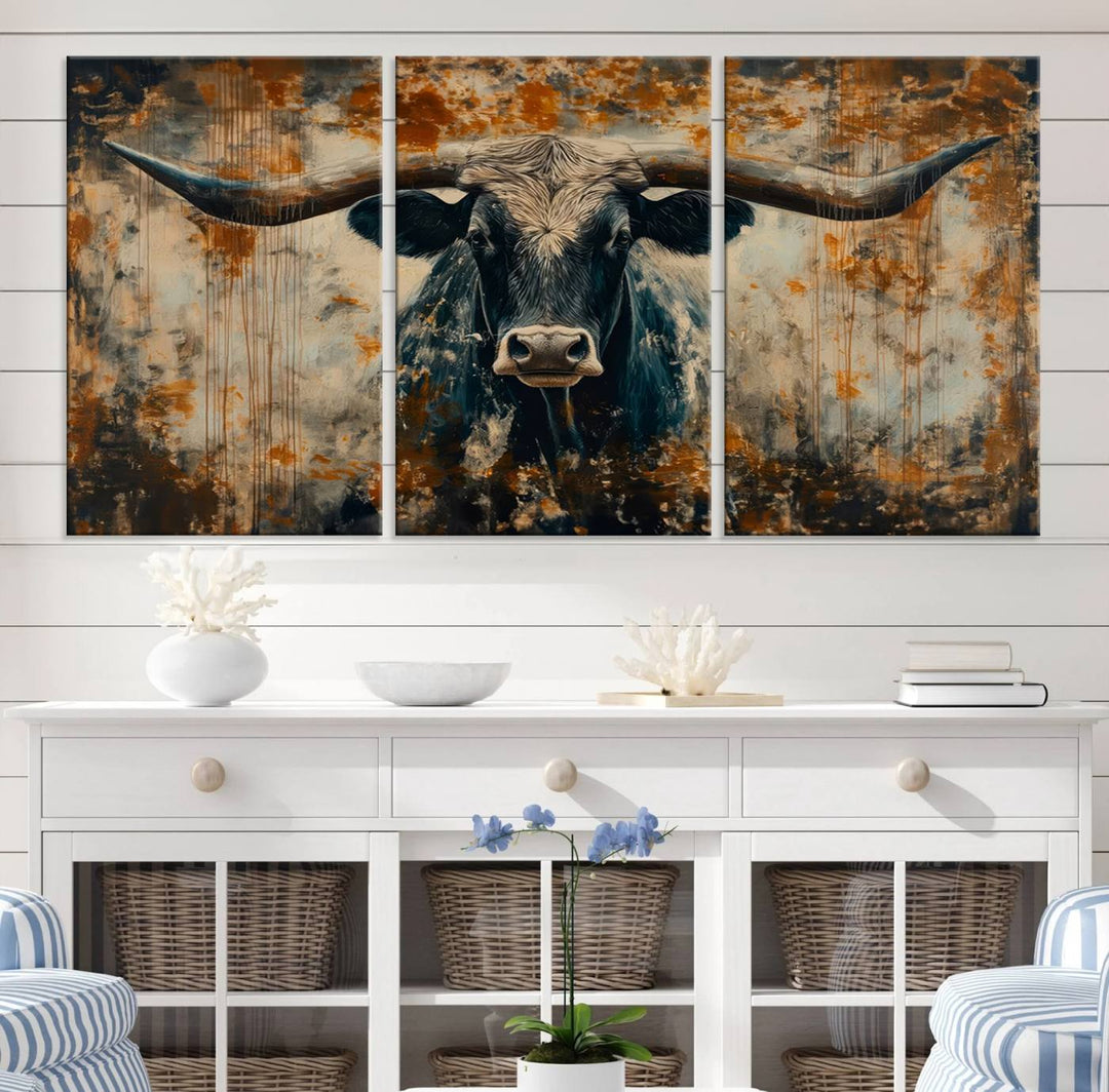 Abstract Longhorn Bull Wall Art | Rustic Western Wall Decor | Framed and Ready to Hang | Ideal for Farmhouse, Lodge, and Barn Decor