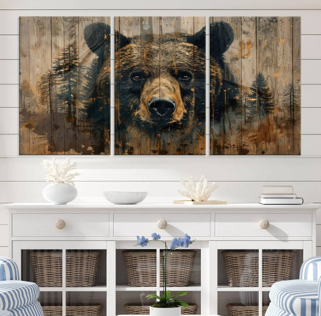 The Abstract 399 Bear Wall Art, featuring a rustic cabin theme with forest design, is framed and ready to hang. It's ideal for lodge, cabin, and barn decor and perfectly complements the nature lover's aesthetic.