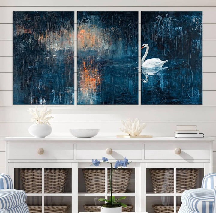 Abstract Swan Wall Art | Moody Blue and Orange Swan Painting on Canvas | Framed and Ready to Hang | Elegant and Modern Art for Living Room or Bedroom Decor