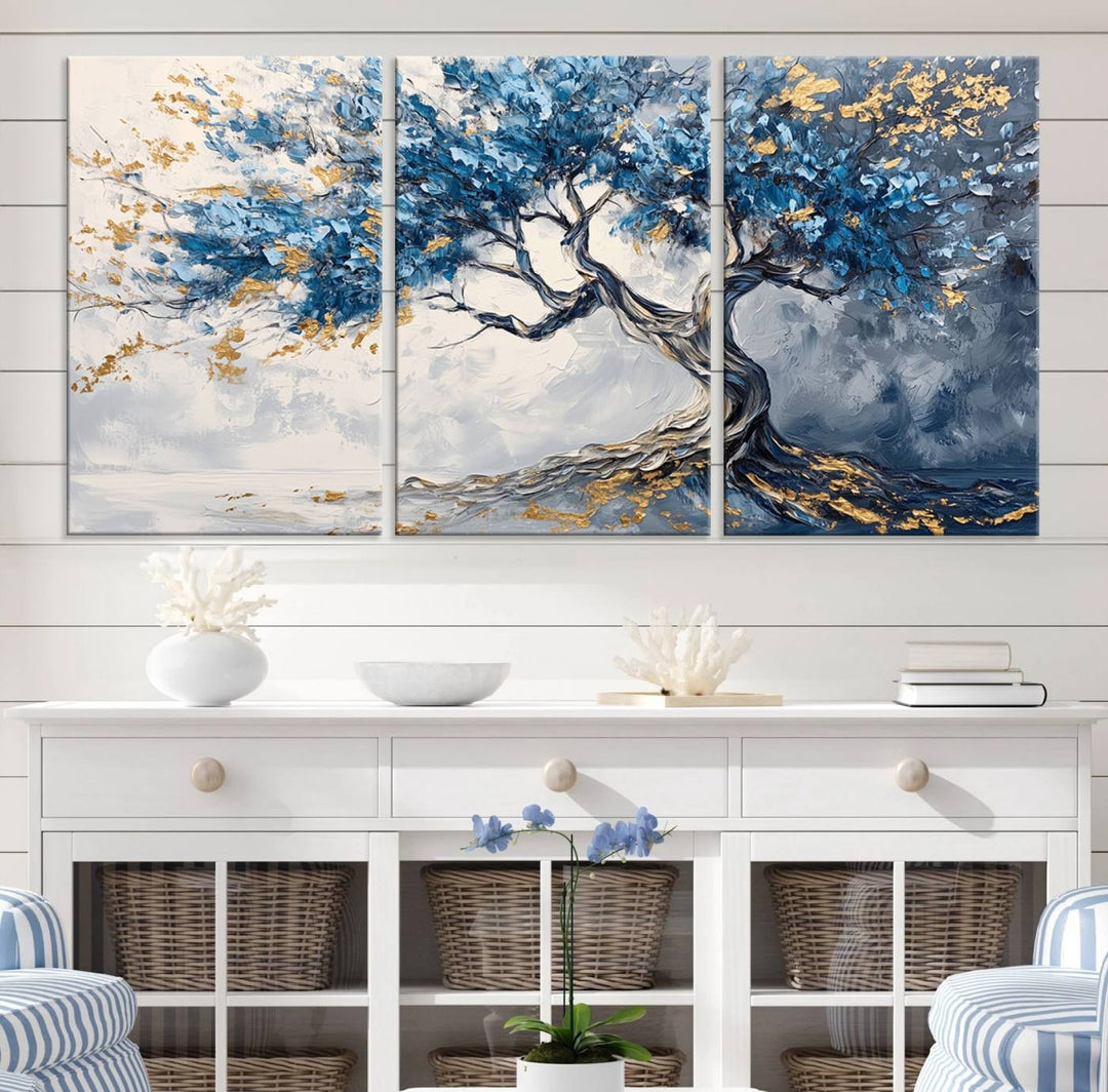 Elegant Abstract Tree Canvas Wall Art | Tree of Life Painting | Textured Art in Blue and Gold | Framed & Ready to Hang for Modern Living Room Decor