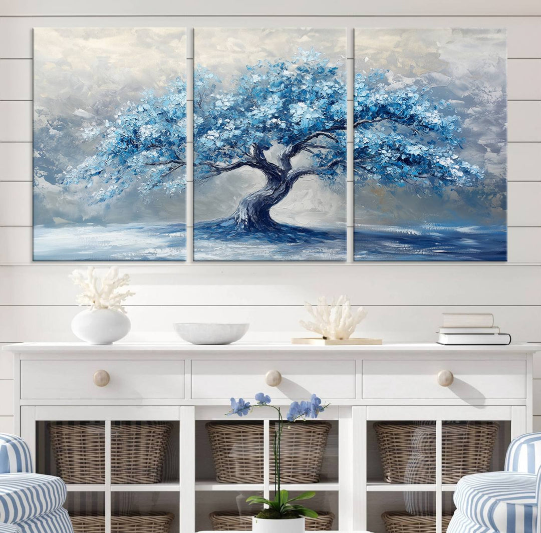 Serene Abstract Blue Tree Wall Art | Canvas Print of a Majestic Tree in Blue Hues | Perfect for Farmhouse, Coastal, and Modern Decor