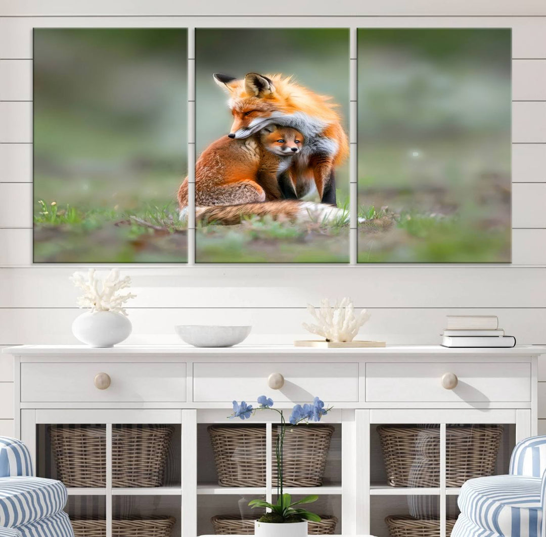 Heartwarming Fox and Baby Cub Wall Art | Ready to Hang Canvas Print of Foxes in Nature | Perfect for Animal Lovers, Rustic Decor, and Cabin Wall Art