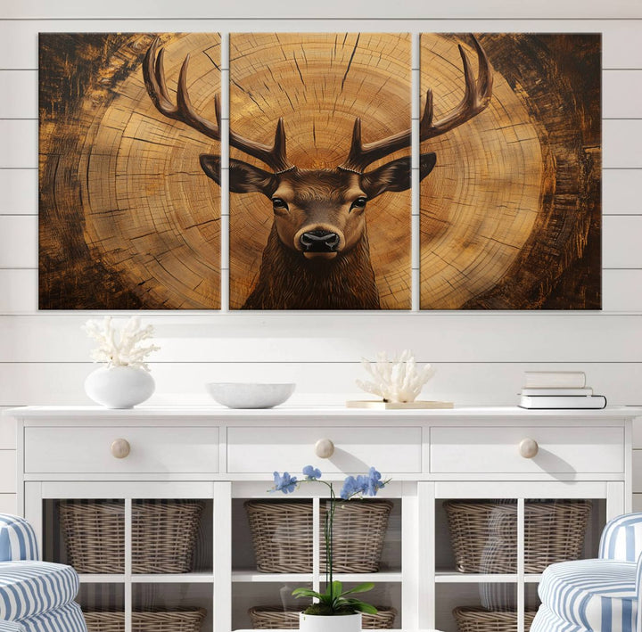 Deer Wall Art Canvas Print | Ready to Hang Canvas Print of a Stag with Rustic Tree Rings | Perfect for Farmhouse Wall Decor, Cabin Wall Art