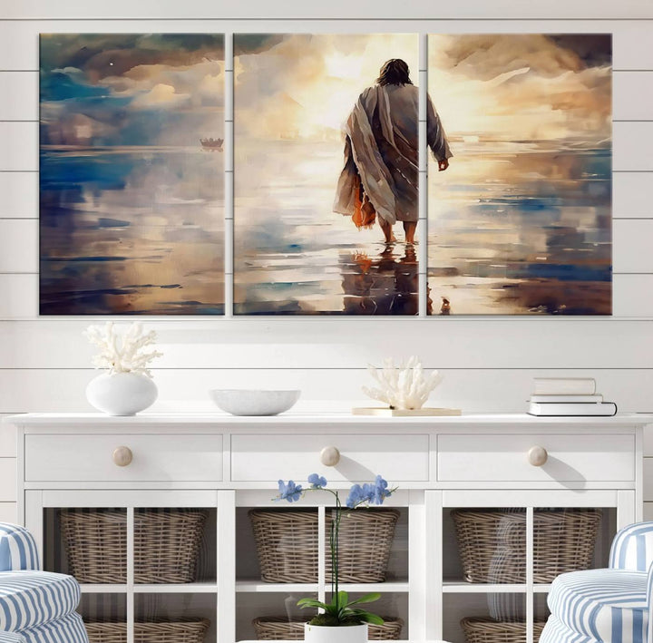 Jesus Walking on Water Wall Art | Ready to Hang Spiritual Triptych Canvas Print | Inspirational Christian Decor for Home or Church