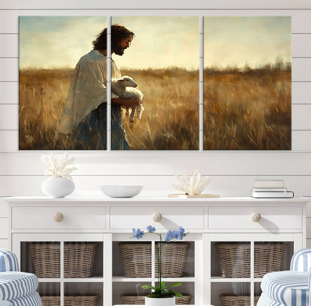 Jesus the Good Shepherd Wall Art Canvas Print - Inspirational Christian Religious Print for Prayer Room Decor