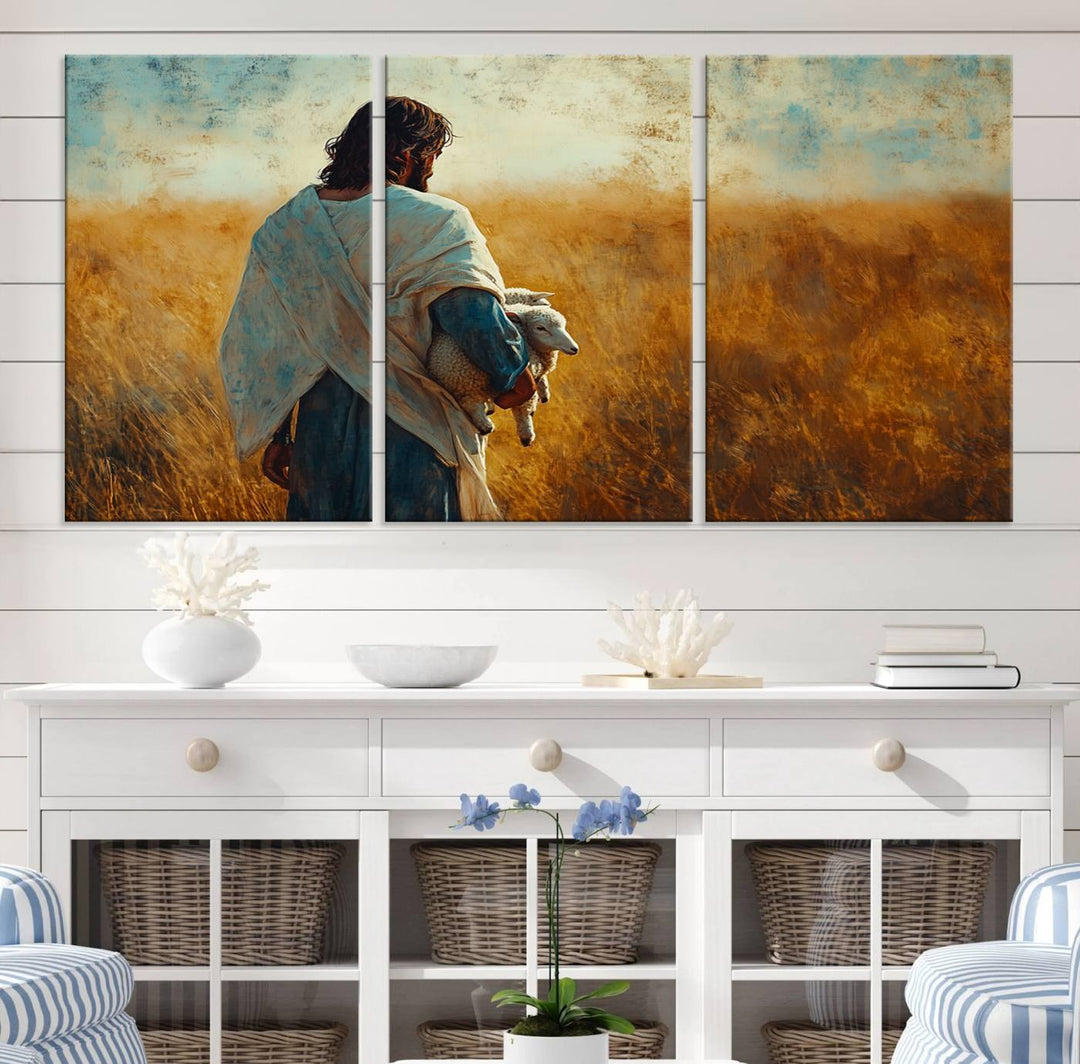 Jesus the Good Shepherd Wall Art Canvas Print - Inspirational Christian Religious Print for Prayer Room Decor