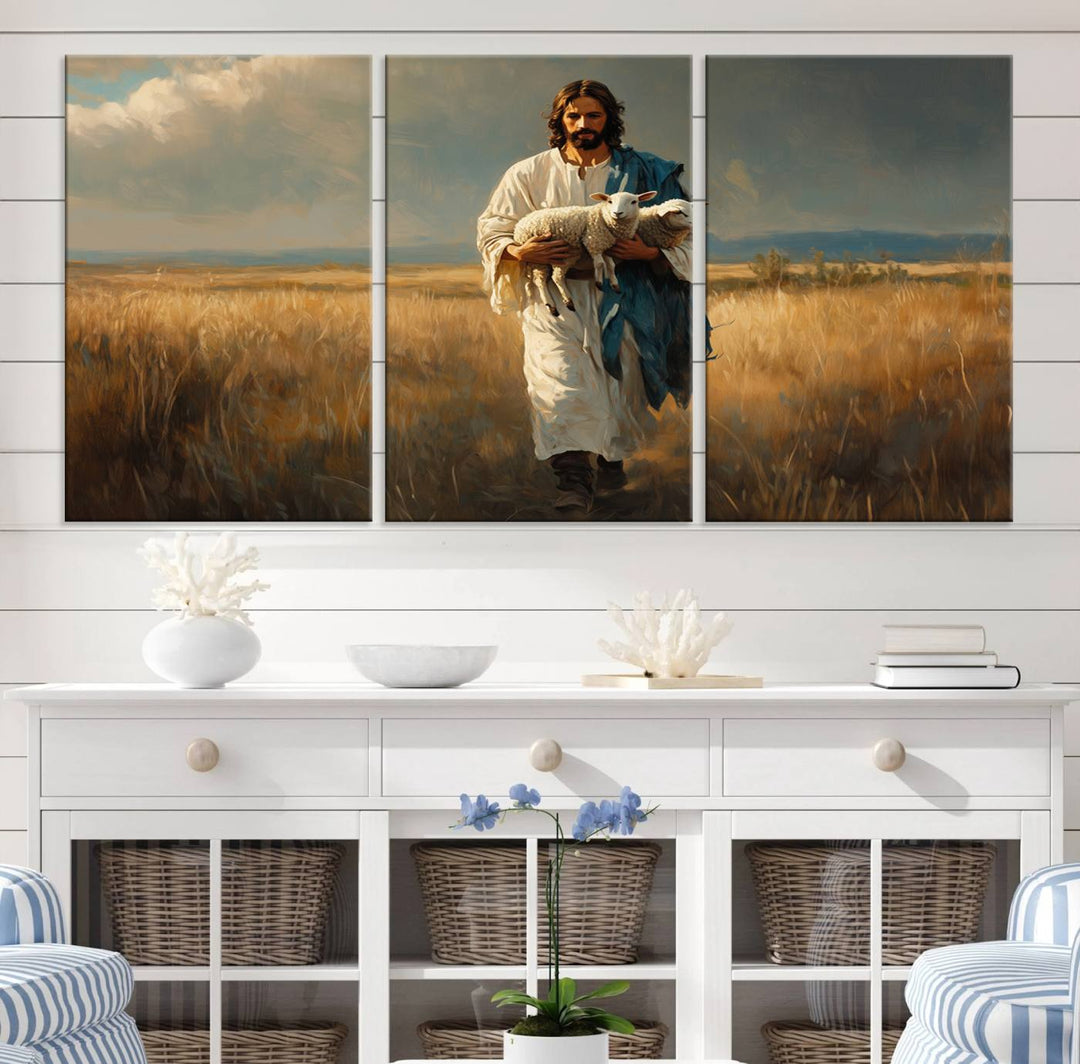 Jesus Shepherd Wall Art | Ready to Hang Triptych Canvas of Jesus Holding a Lamb in a Field | Inspirational Christian Decor for Home