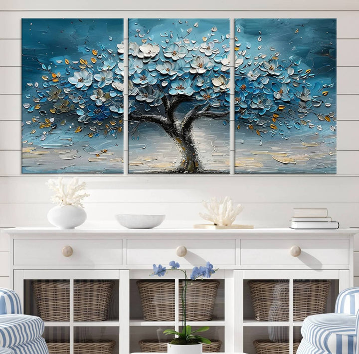 Abstract Blooming Tree Wall Art Print features blue, white, and gold textures on museum-quality canvas, perfect for modern decor.