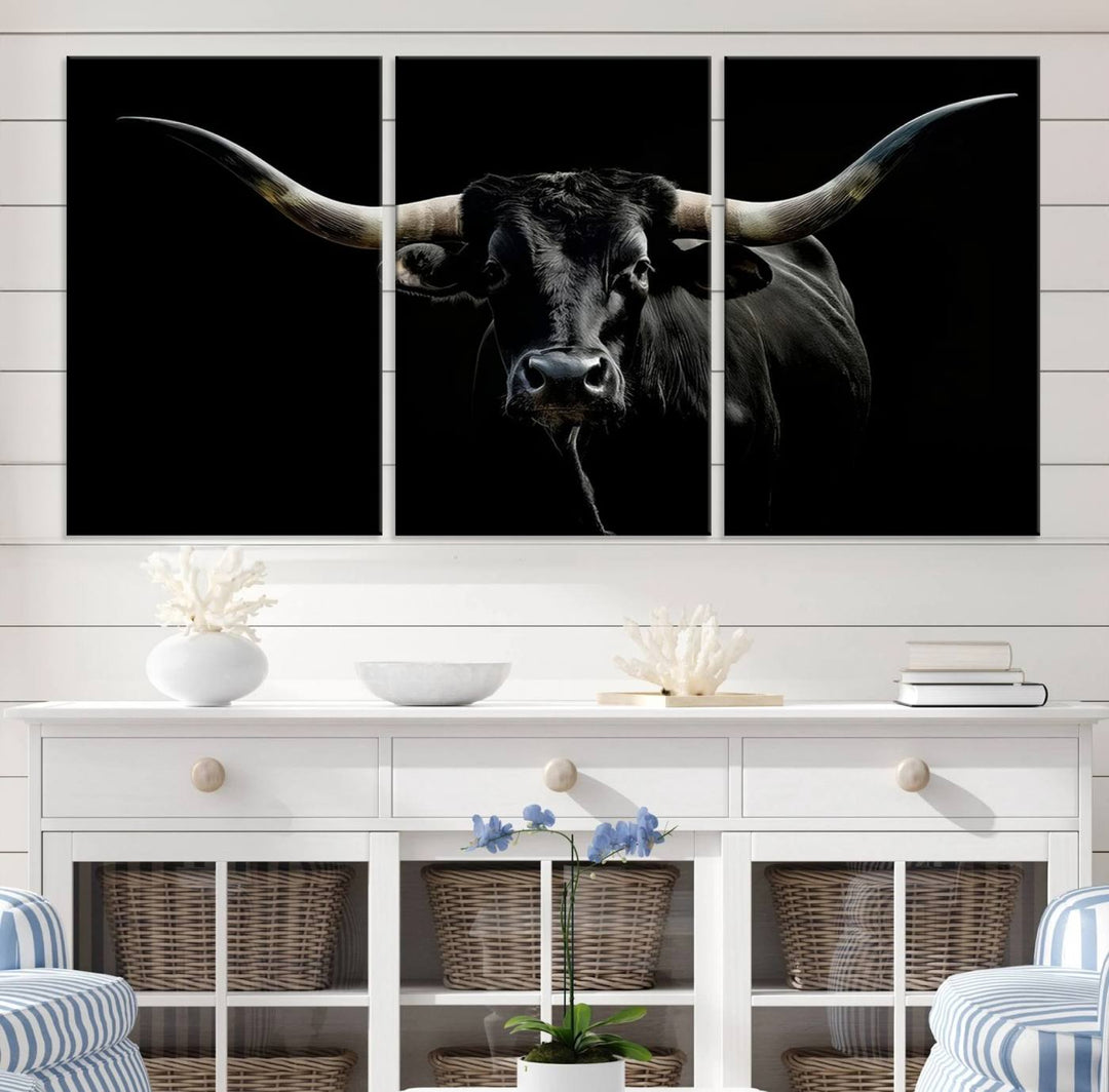 Texas Black Longhorn Bull Wall Art Canvas Print - Western Texas Cattle Rustic Decor Print - Longhorn Cow Wall Art