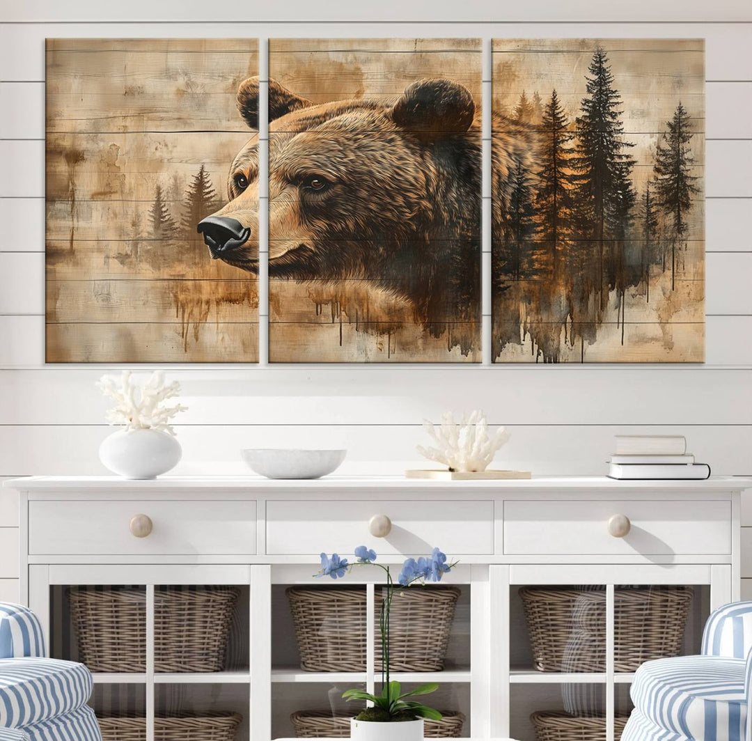 Abstract Rustic Grizzly Bear Wall Art Canvas Print - Woodland Wildlife Forest Print for Farmhouse Decor