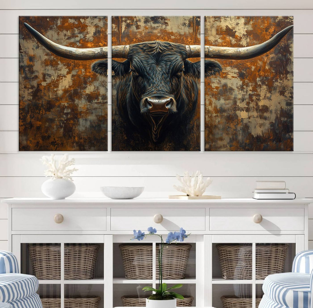 Abstract Longhorn Texas Bull Wall Art | Rustic Farmhouse Canvas Print | Ready to Hang Barn Decor for Farmhouse and Cabin Style