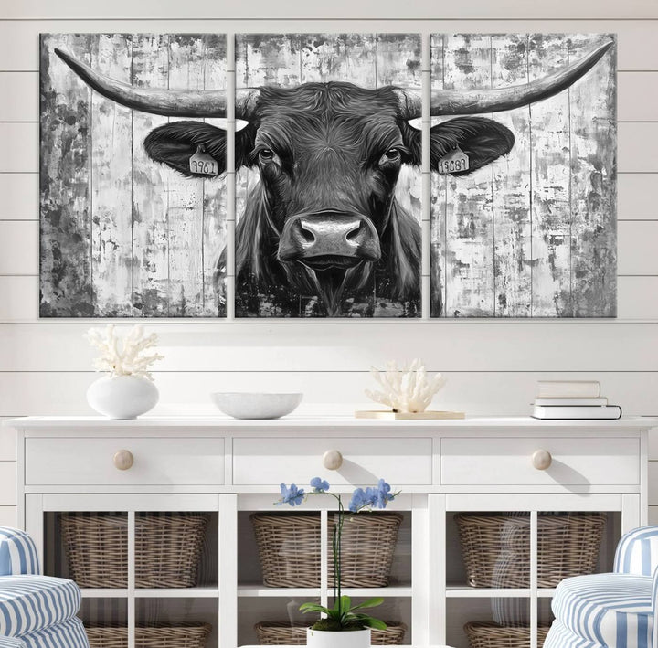 Abstract Longhorn Bull Wall Art Canvas Print - Rustic Texas Western Cow Artwork