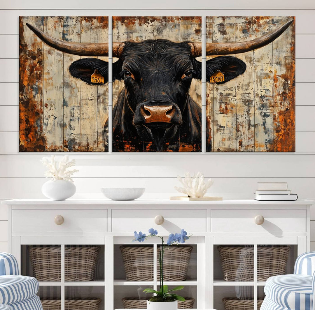 Abstract Cow Longhorn Bull Wall Art Canvas Print - Rustic Texas Western Cattle Artwork