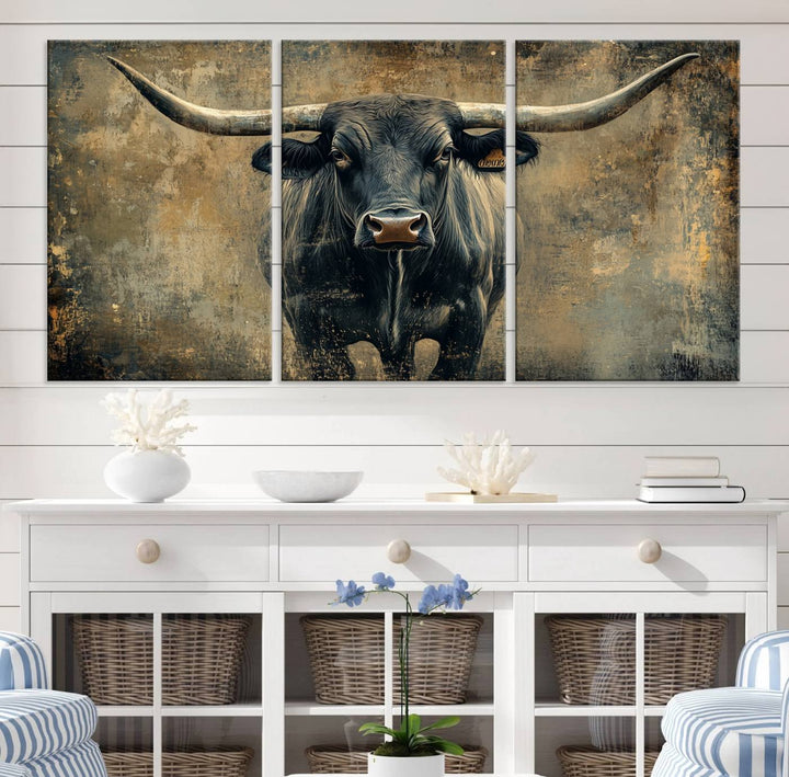 Abstract Cow Longhorn Bull Wall Art Canvas Print - Rustic Texas Western Cattle Artwork