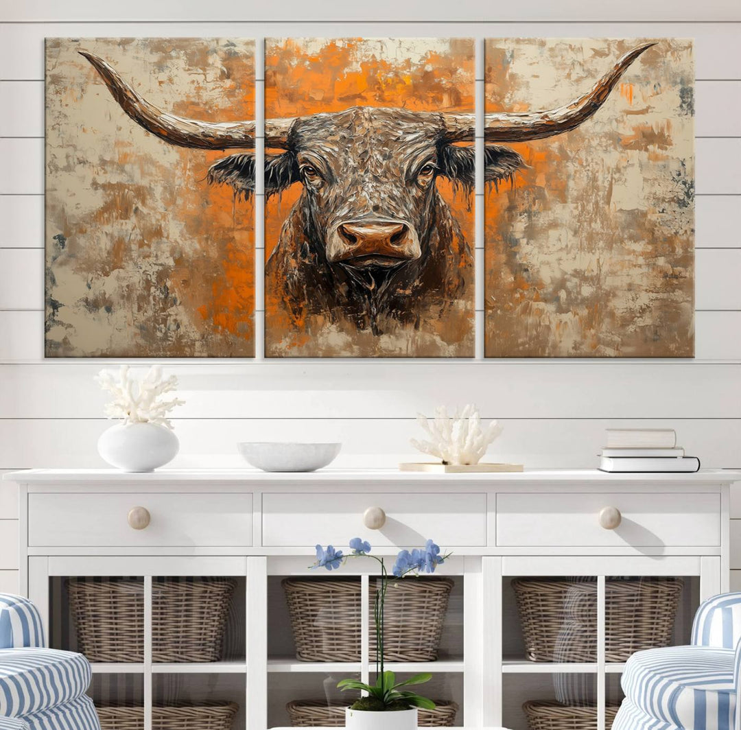 Abstract Cow Longhorn Bull Wall Art Canvas Print - Rustic Texas Western Cattle Artwork