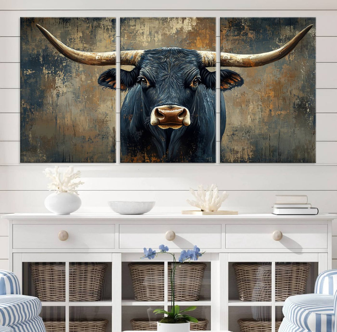 Abstract Cow Longhorn Bull Wall Art Canvas Print - Rustic Texas Western Cattle Artwork