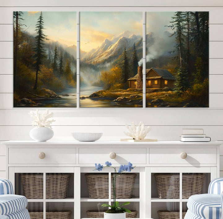 Wood Cabin Retreat Mountain at Sunset Wall Art Print - Serene Forest and River Landscape Wall Art Canvas Print