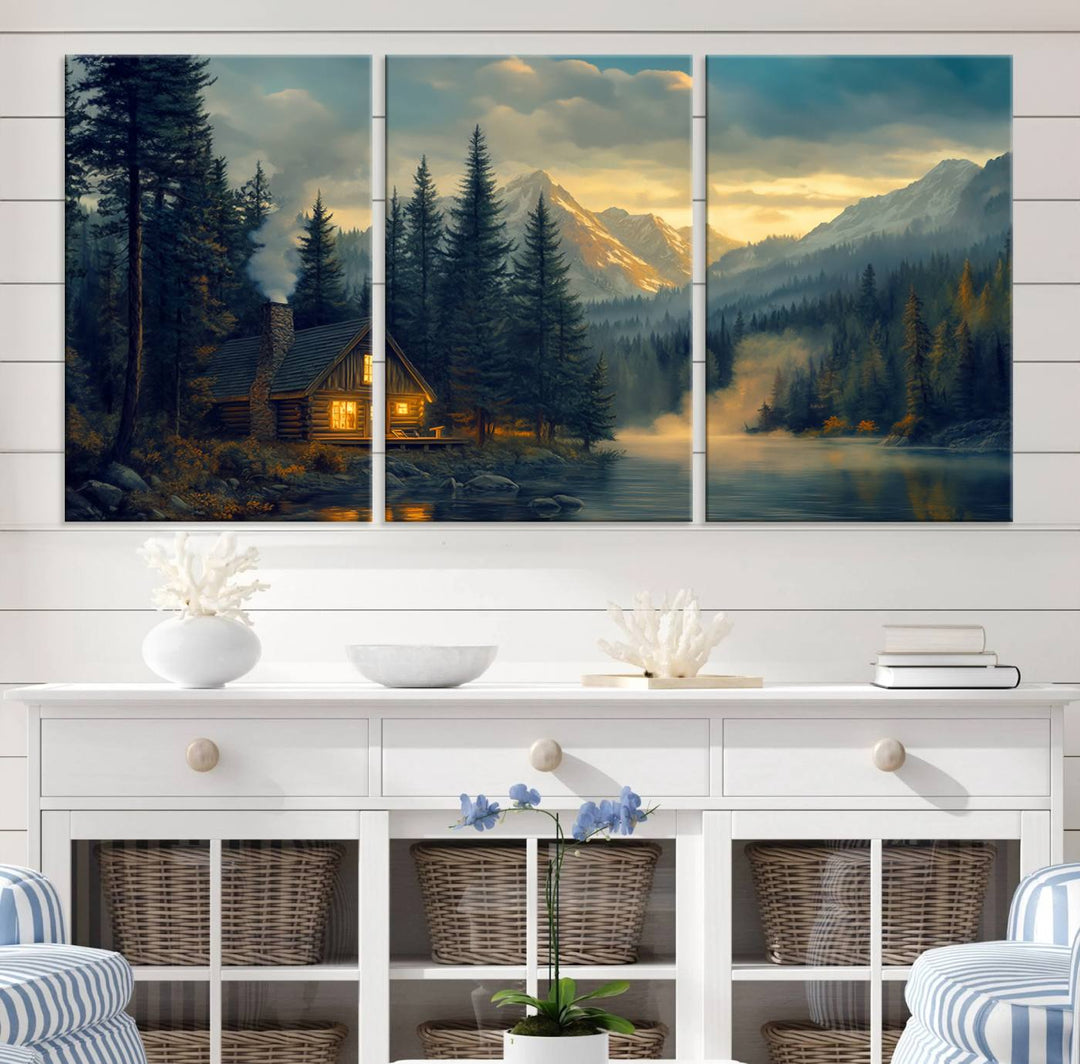 Mountain Cabin by the Lake at Sunset Wall Art - Serene Nature Canvas Print for Living Room Decor, Rustic Lodge Ambiance, 3-Panel Large Wall Art