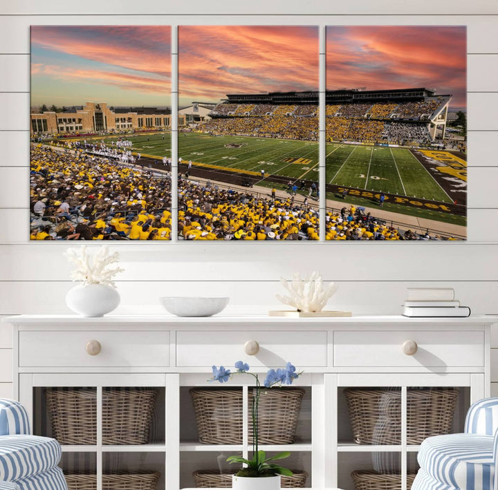 Capture the essence of a packed War Memorial Stadium at sunset with the Cowboys Football Canvas Print, highlighting fans cheering in yellow.