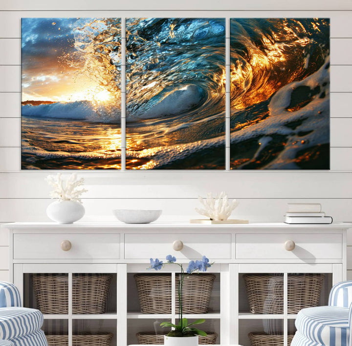 Ocean Wave at Sunset Wall Art | Ready to Hang Triptych Canvas Print | Coastal Wall Art for Living Room | Nautical and Beach House Decor