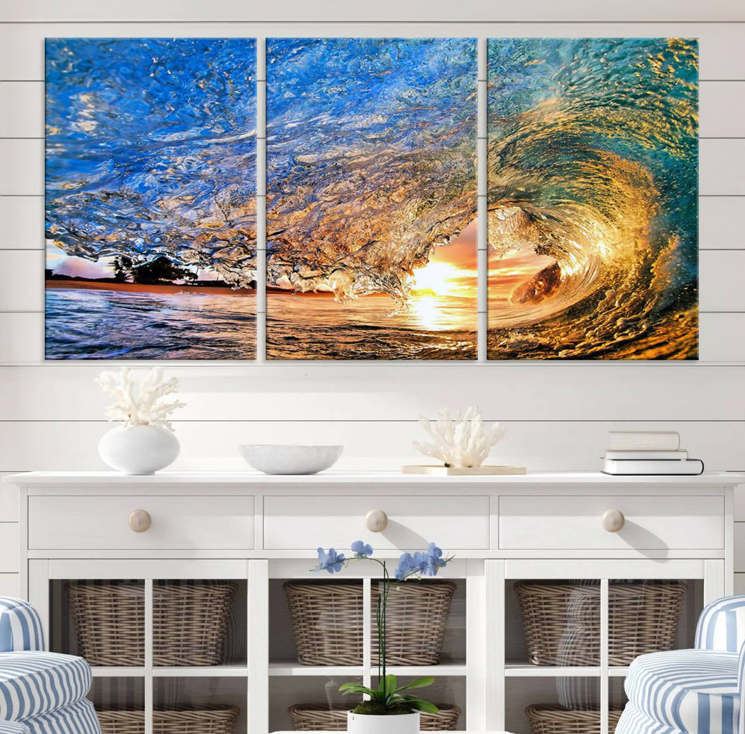 Ocean Wave at Sunset Canvas Print | Large Coastal Ocean Wall Art Print | Vibrant Beach Waves Art Print | Surf Lover Gift | Nautical Decor